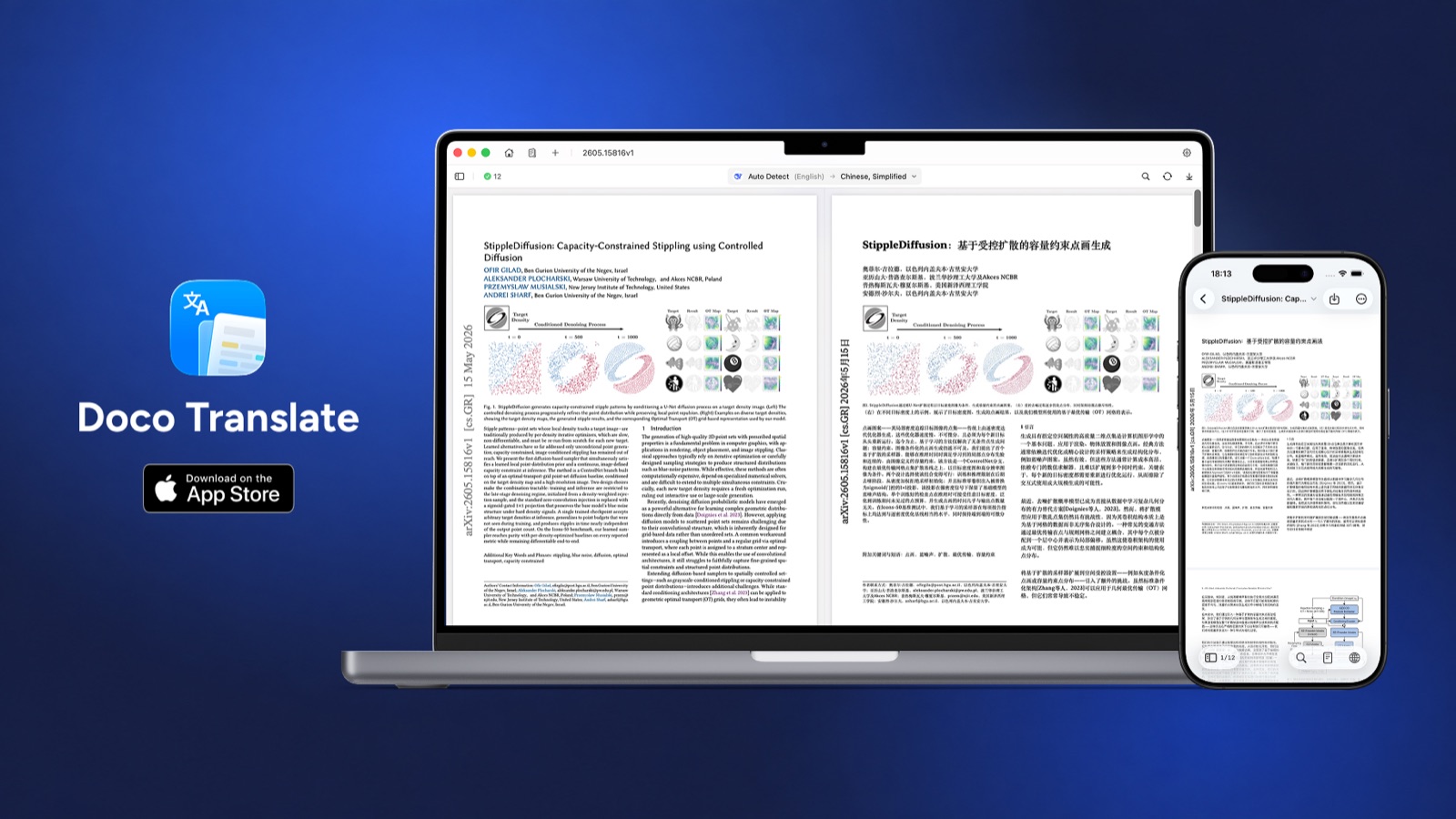 Doco Translate translating a PDF side by side on Mac and iPhone