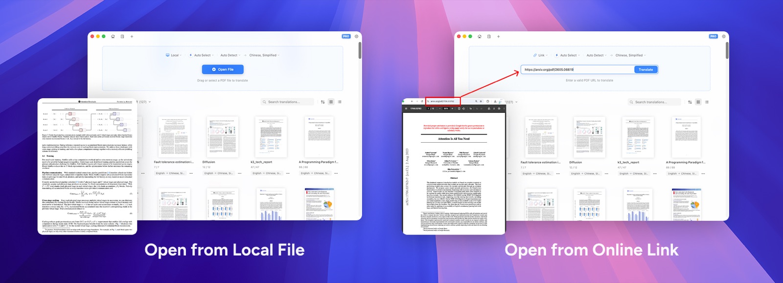 Open a local research PDF or translate an arXiv paper directly from its link
