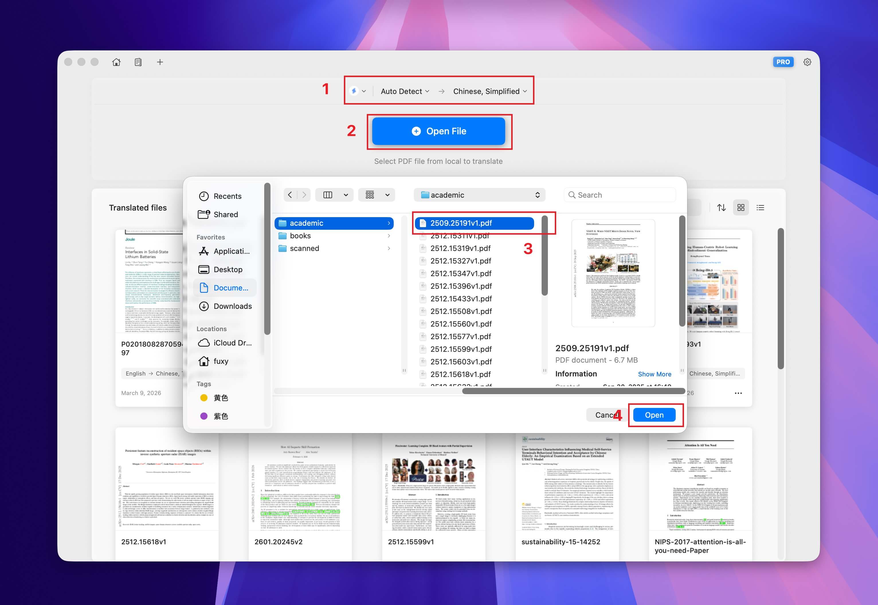 Select translation language, service and open a PDF file