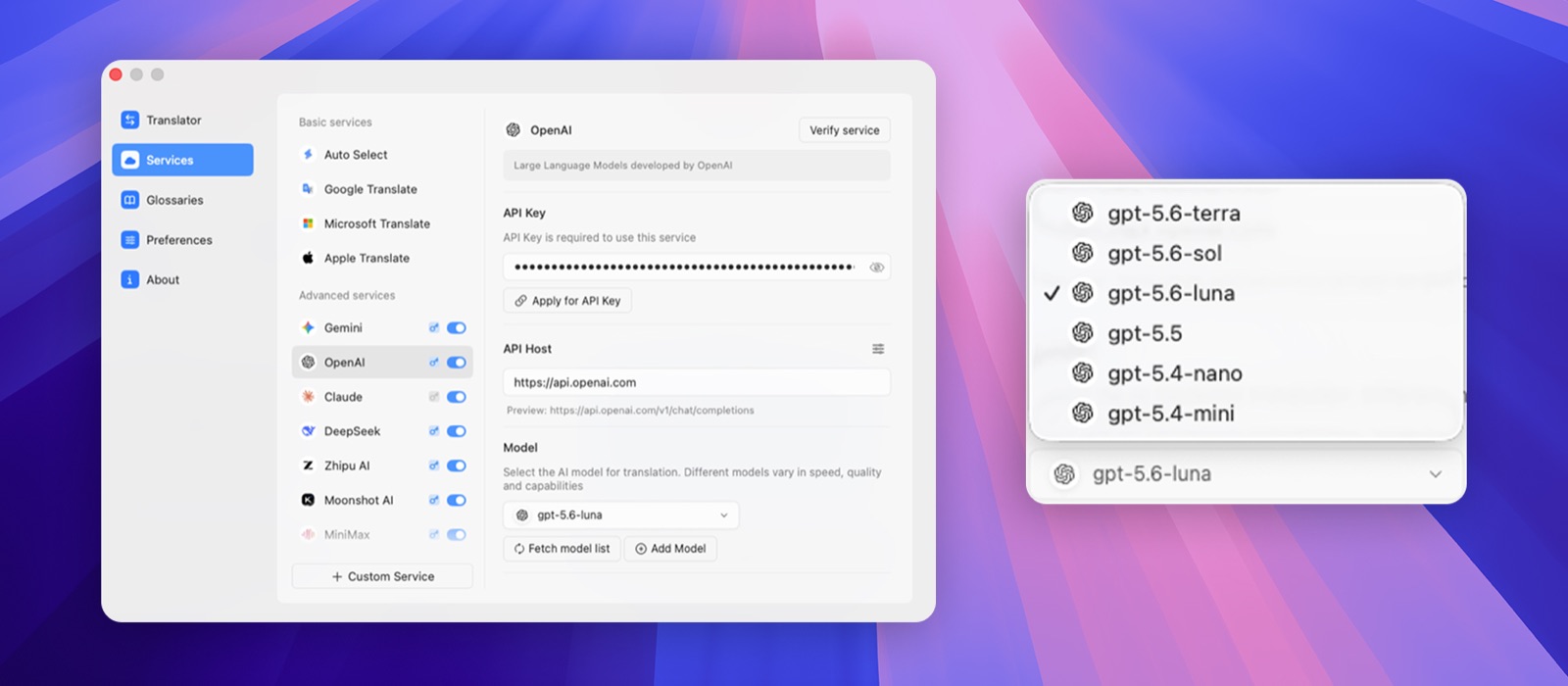 Select an OpenAI model for PDF translation in Doco Translate