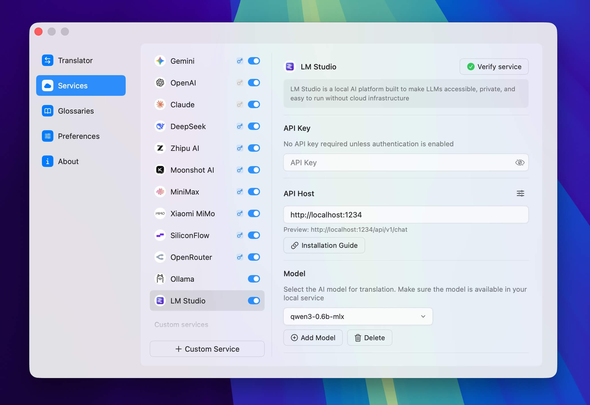 Configuring LM Studio as a translation service in Doco Translate settings