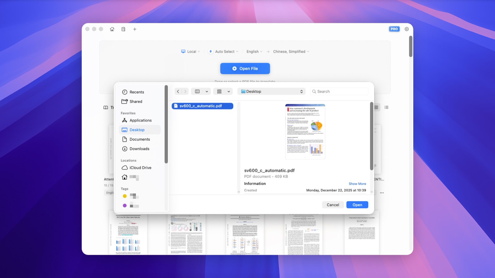 Choose a scanned PDF from the Mac file picker in Doco Translate