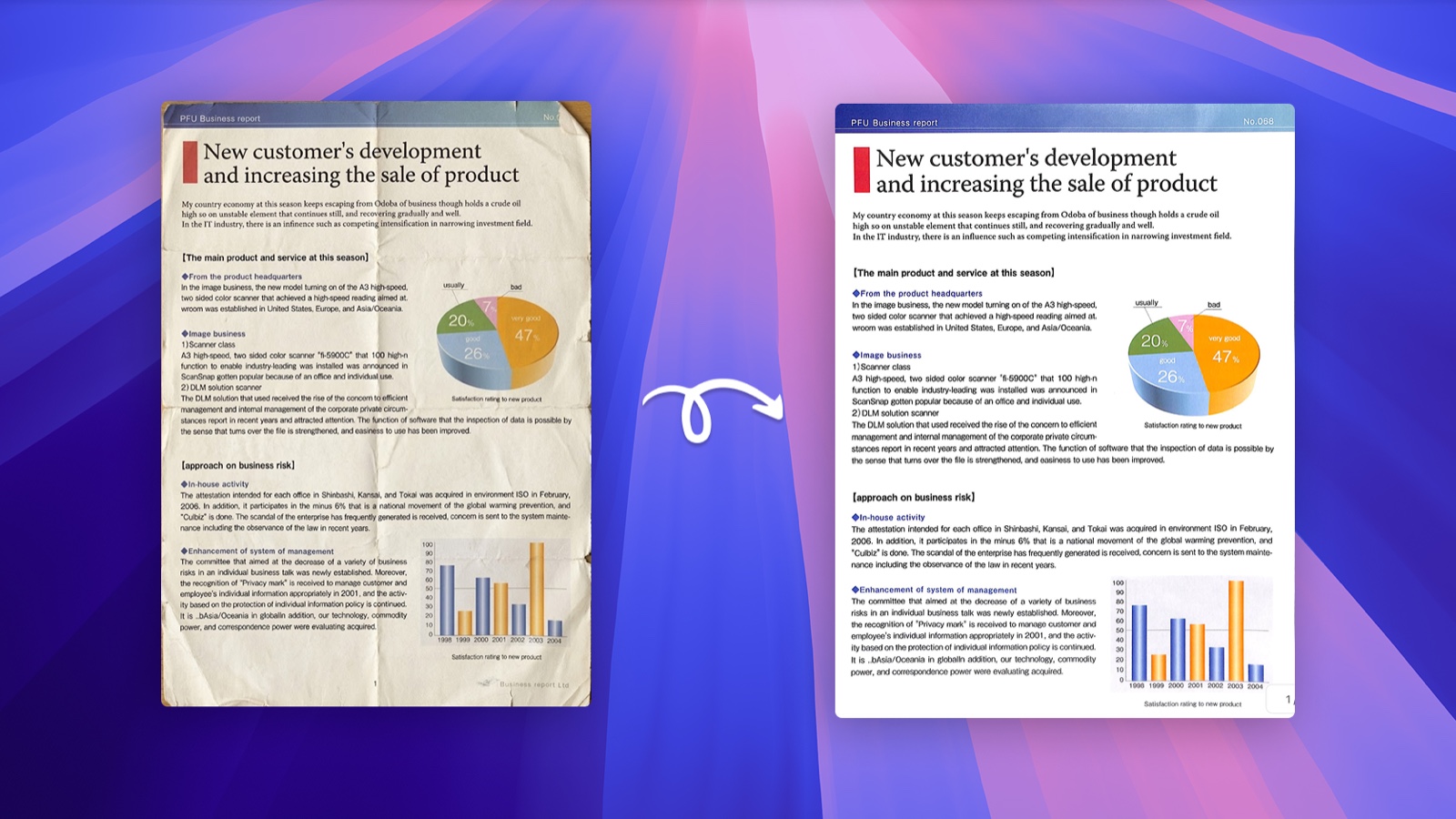 Compare a wrinkled scanned PDF with the cleaned page produced after OCR