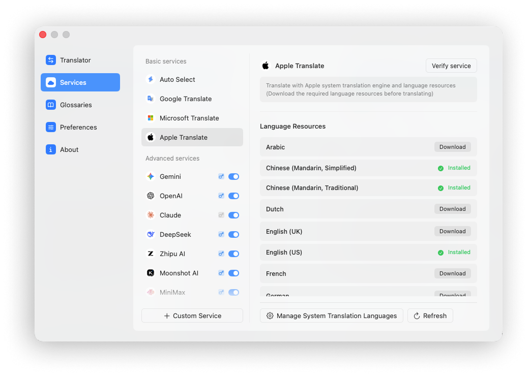 Downloading Apple Translate language packs