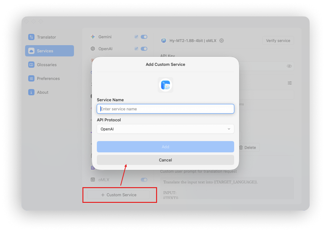 Adding a custom translation service