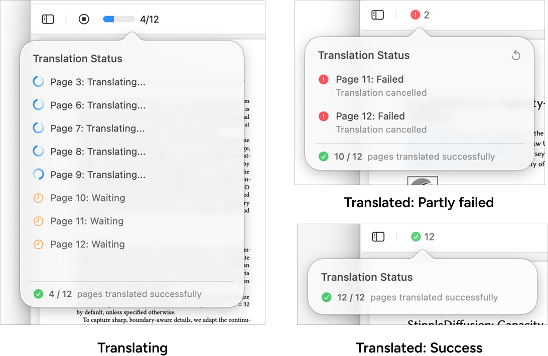 Translation status panel