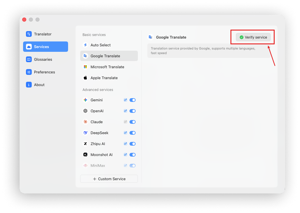 Verifying Google Translate availability